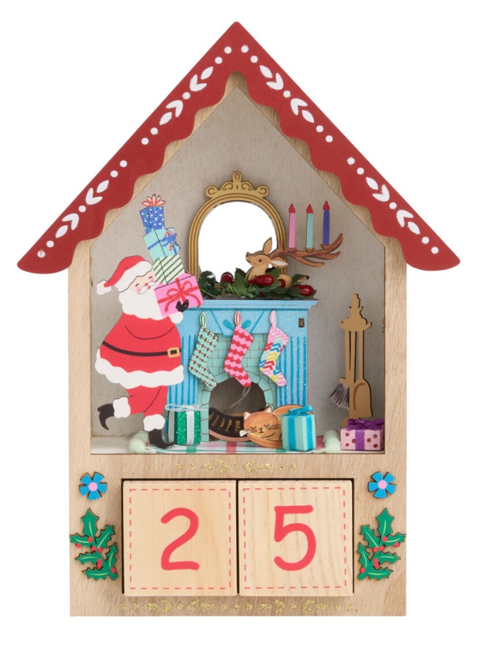 NWT Laser Cut Wood Santa Hearth LED Light Up Countdown Calendar with Timer